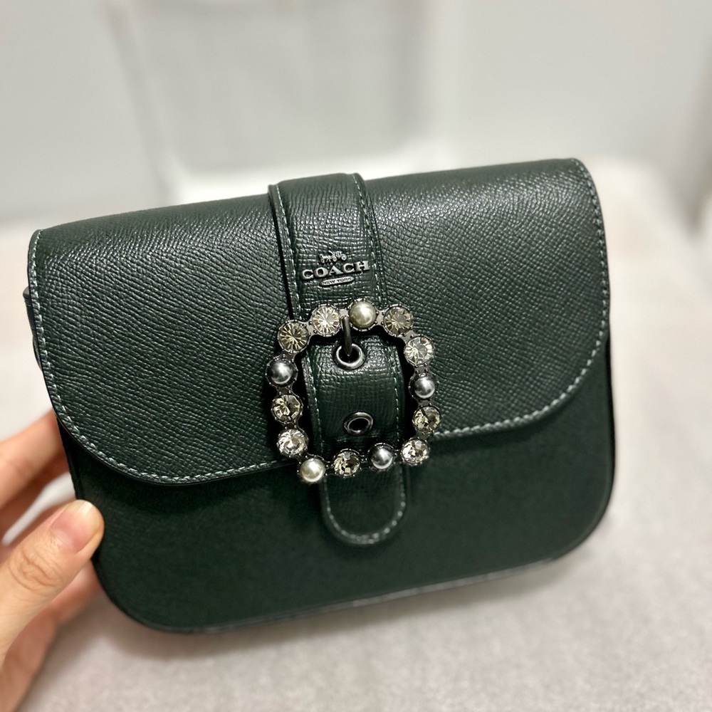 Coach Dark Green Crossbody Bag with Rhinestone Buckle